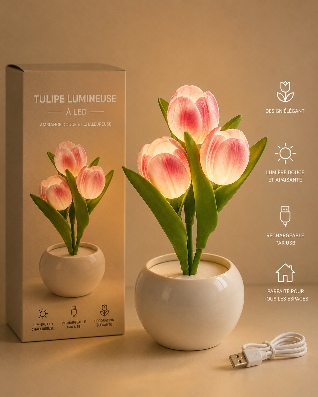 Tulipe Lumineuse LED USB – Veilleuse Décorative Rechargeable