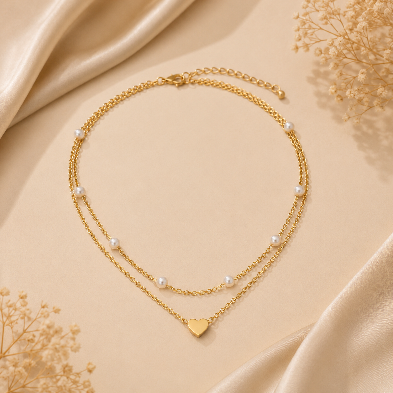Collier Double Rang avec Perles & Cœur – Or ou Argent