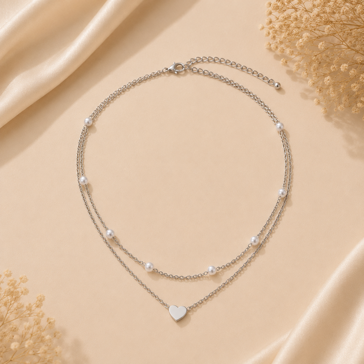 Collier Double Rang avec Perles & Cœur – Or ou Argent